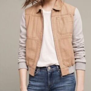 Anthropologie Hei Hei Grey Camel Mixed Fabric Cotton Fleece Bomber Jacke…